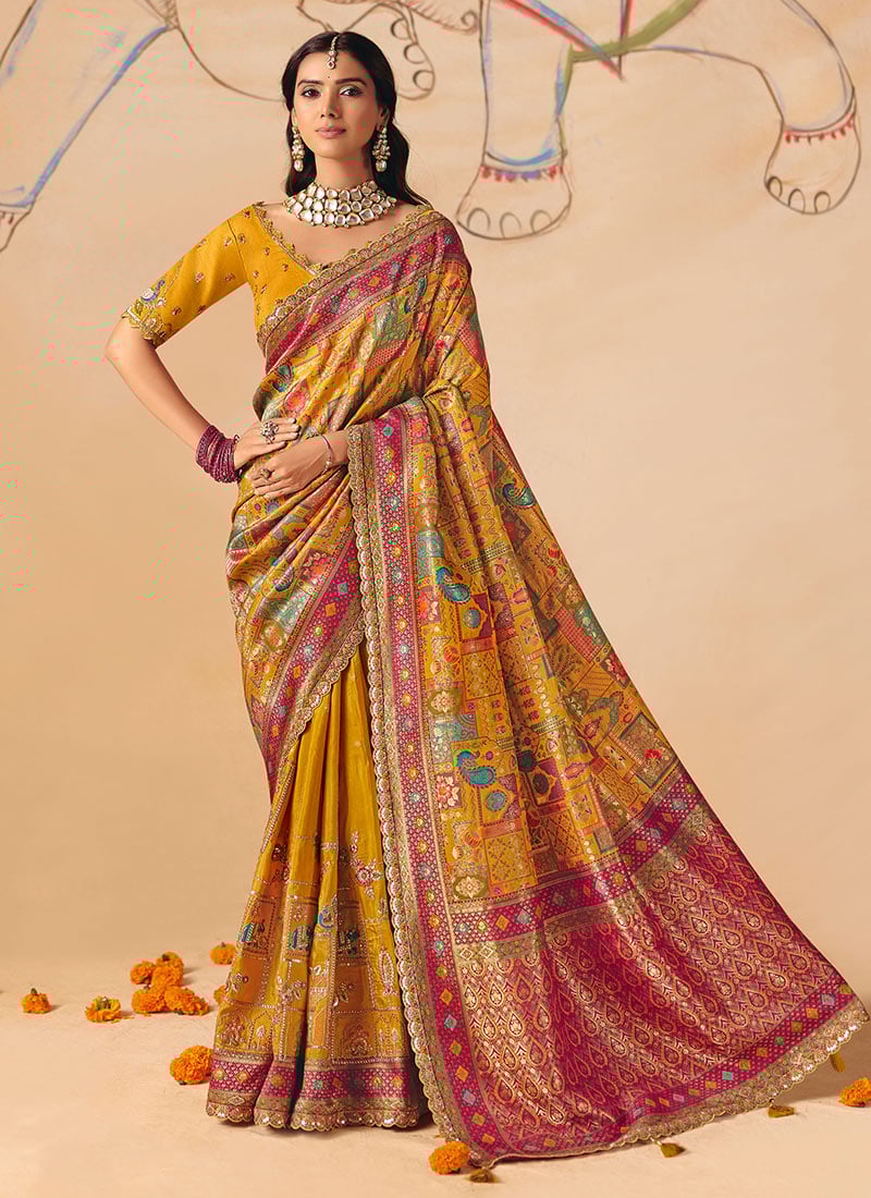 Elegant Mustard Dola Silk Zari Embroidered Sequins Cut Work Jacquard Print Saree Wedding Wear