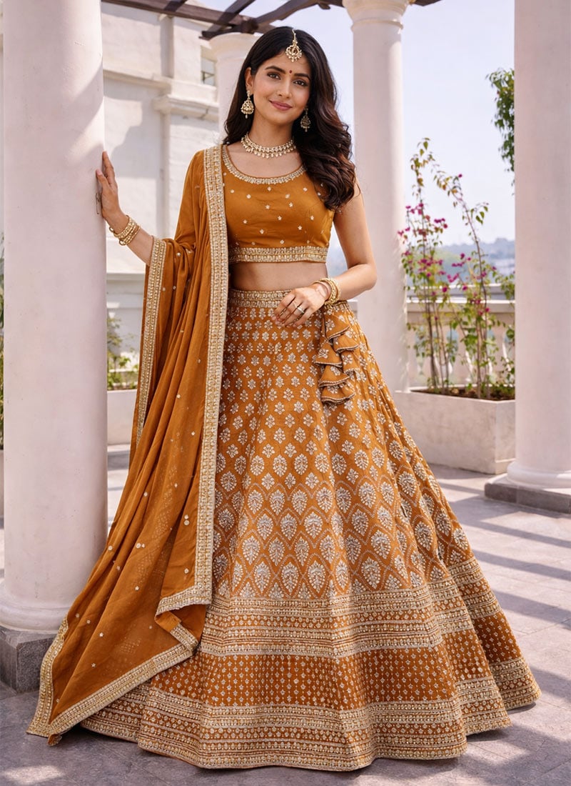 Elegant Mustard Georgette Sequins Embroidered Umbrella Lehenga Wedding Wear