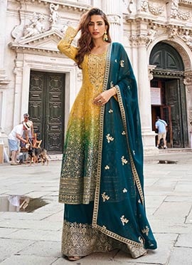 Elegant Mustard Jacquard Silk Embroidered Sequins Embellished Palazzo Suit