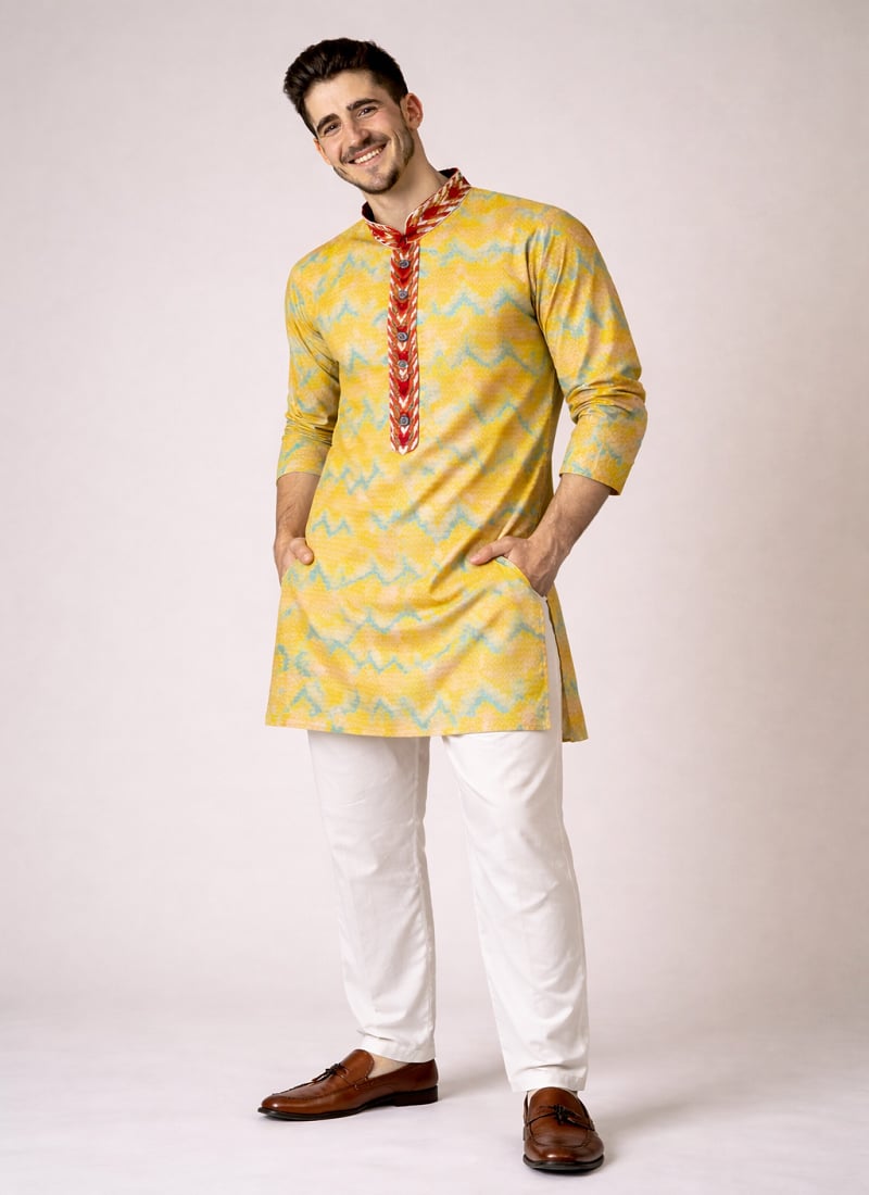 Elegant Mustard Jacquard Silk Jacquard Kurta Pyjama Festive Wear