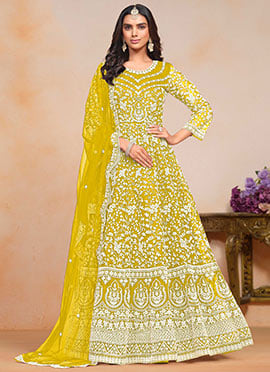 Elegant Mustard Net Embroidered Sequins A Line Anarkali Suit For Glamour