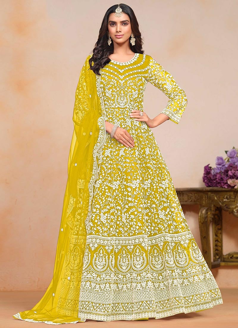 Elegant Mustard Net Embroidered Sequins A Line Anarkali Suit For Glamour Wedding Wear