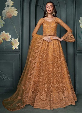 Elegant Mustard Net Lehenga Adorned With Sparkling Stone Work