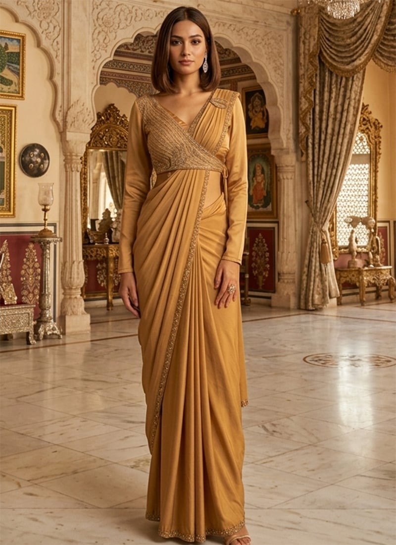 Elegant Mustard Silk Beads Sequins Hand Embroidered Saree