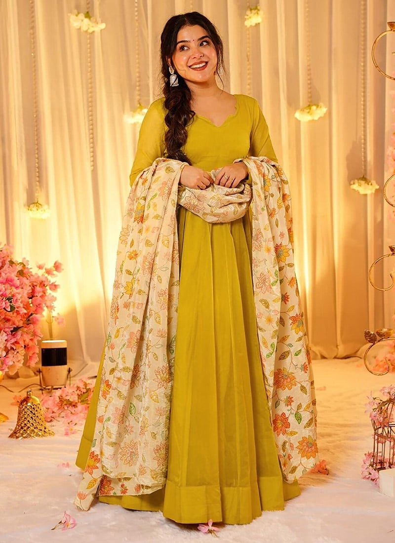 Elegant Mustard Silk Floral Digital Print Lace Anarkali Suit After Six Wear