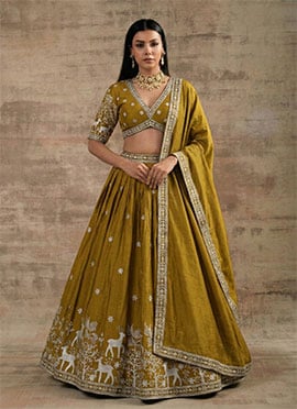 Elegant Mustard Super Satin Silk Sequins Zari Embroidered Resham Thread Umbrella Lehenga