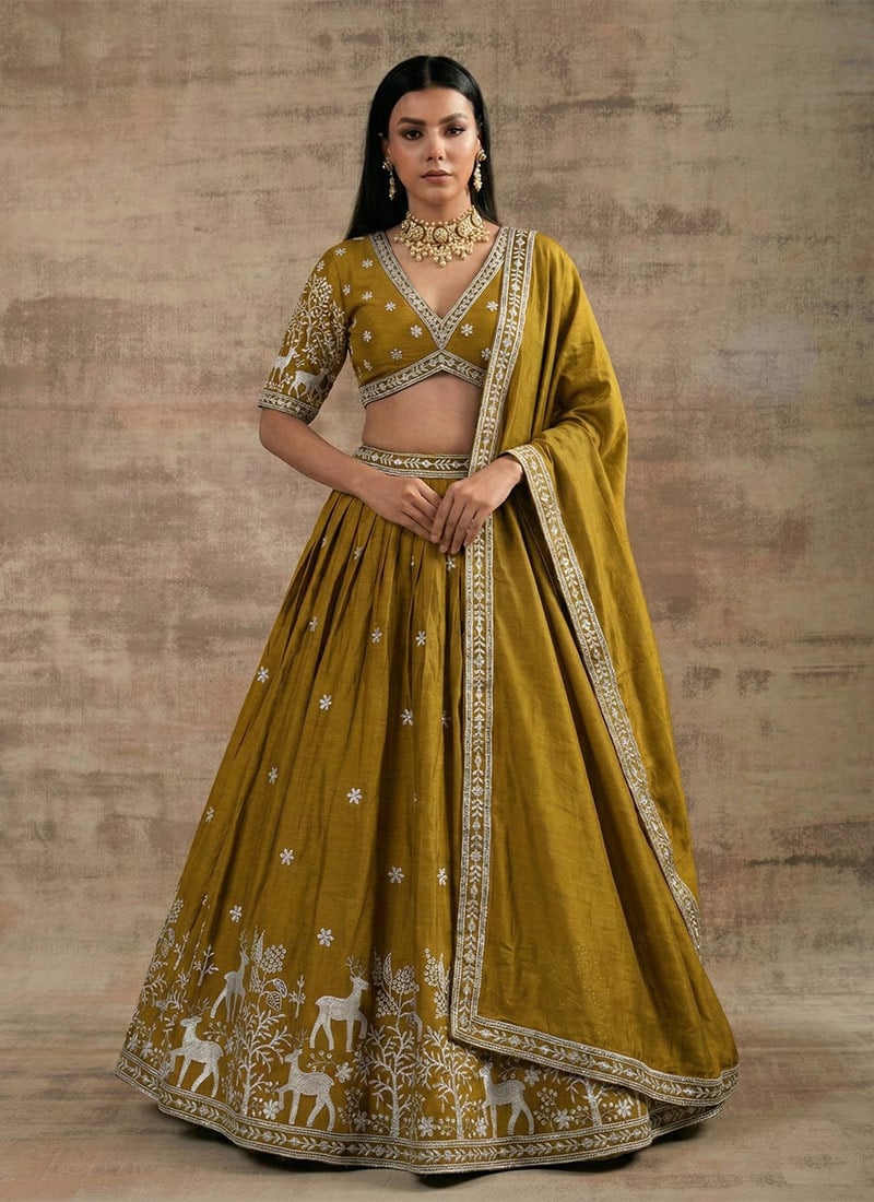 Elegant Mustard Super Satin Silk Sequins Zari Embroidered Resham Thread Umbrella Lehenga Wedding Wear