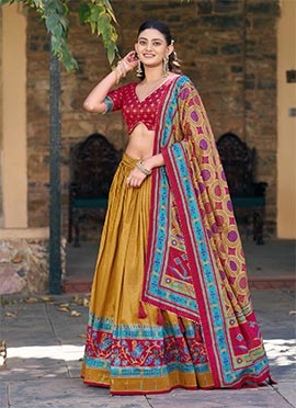 Elegant Mustard Tussar Silk Printed Umbrella Lehenga