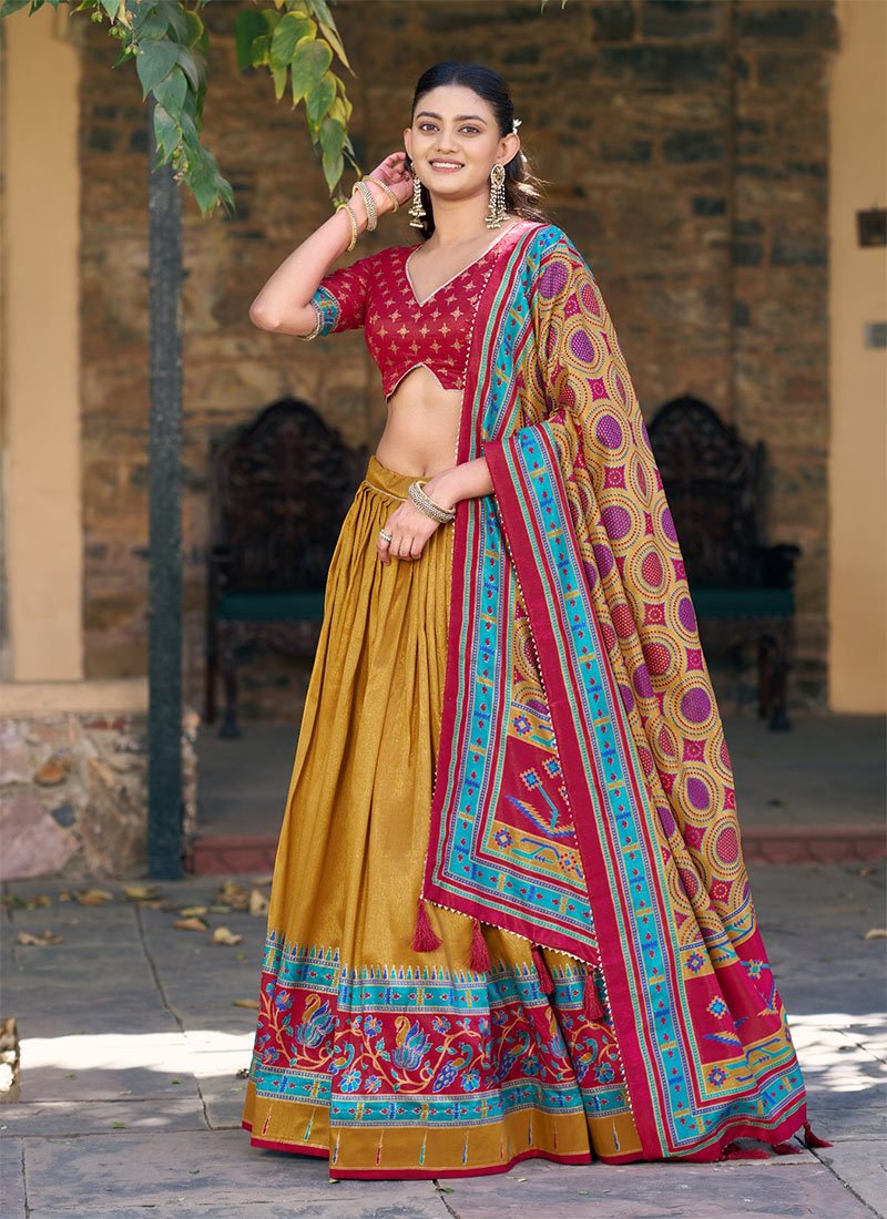 Elegant Mustard Tussar Silk Printed Umbrella Lehenga Festive Wear