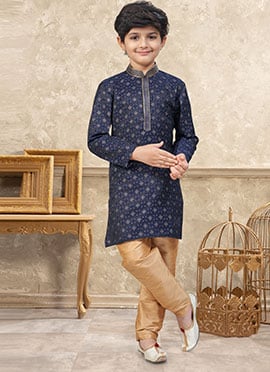 Elegant Navy Blue Banarasi Jacquard Zari Kids Boys Kurta Pyjama