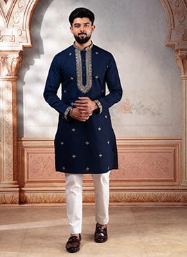 Elegant Navy Blue Cotton Embroidered Kurta Pyjama