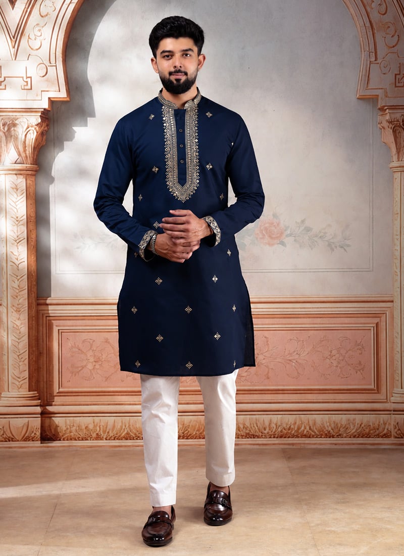 Elegant Navy Blue Cotton Embroidered Kurta Pyjama Festive Wear