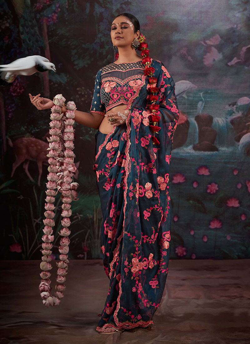 Elegant Navy Blue Gold Shimmer Silk Zari Embroidered Thread Saree Festive Wear