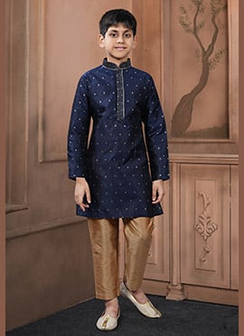Elegant Navy Blue Jacquard Silk Zari Kids Boys Kurta Pyjama