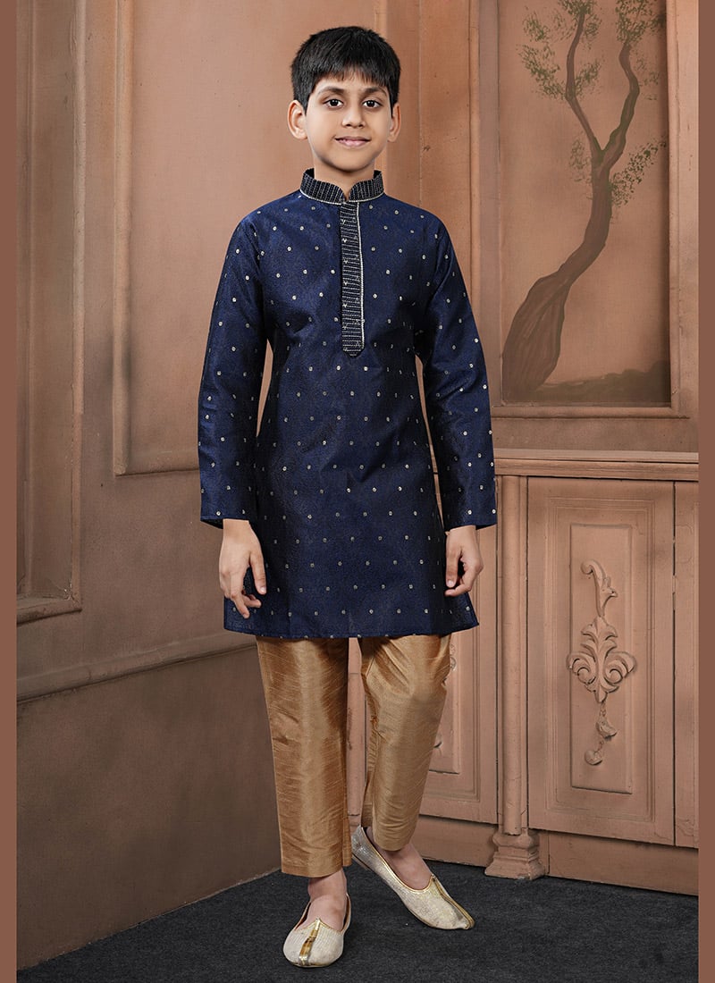 Elegant Navy Blue Jacquard Silk Zari Kids Boys Kurta Pyjama Festive Wear