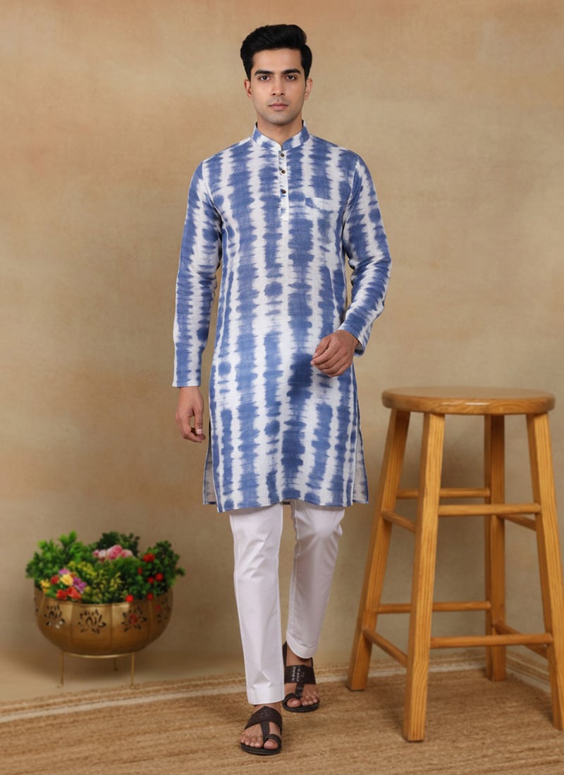 Elegant Navy Blue Linen Printed Kurta Pyjama Festive Wear
