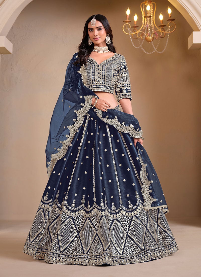 Elegant Navy Blue Silk Zari Embroidered Sequins Lehenga