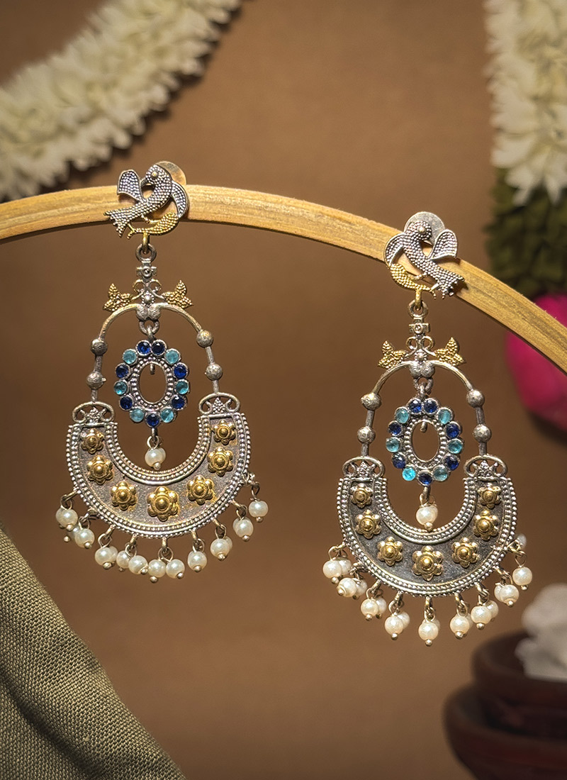 Elegant Navy Blue Stones Beads Oxidised Chaand Bali Festive Wear