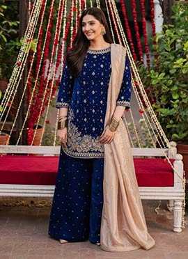 Elegant Navy Blue Viscose Velvet Embroidered Sequins Palazzo Suit