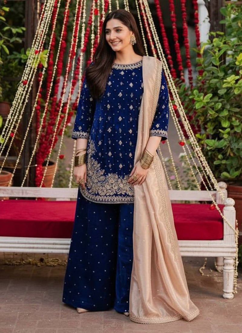 Elegant Navy Blue Viscose Velvet Embroidered Sequins Palazzo Suit After Six Wear