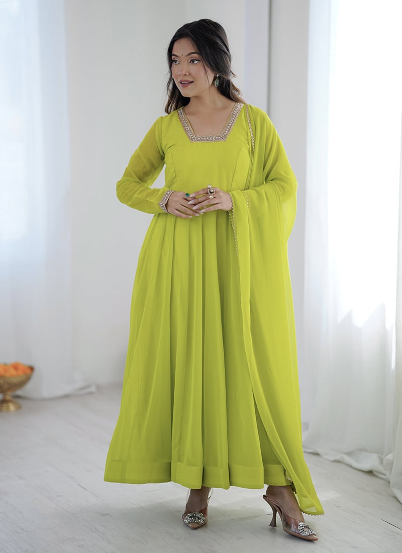 Elegant Neon Pure Soft Heavy Georgette Lace Work Anarkali Suit After Six Wear