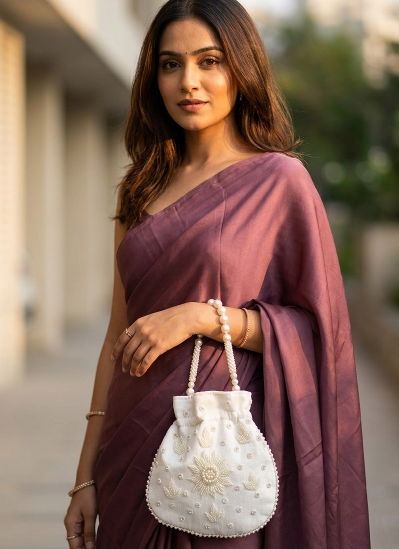 Elegant Off White  Silk Beads Moti Potli Bag