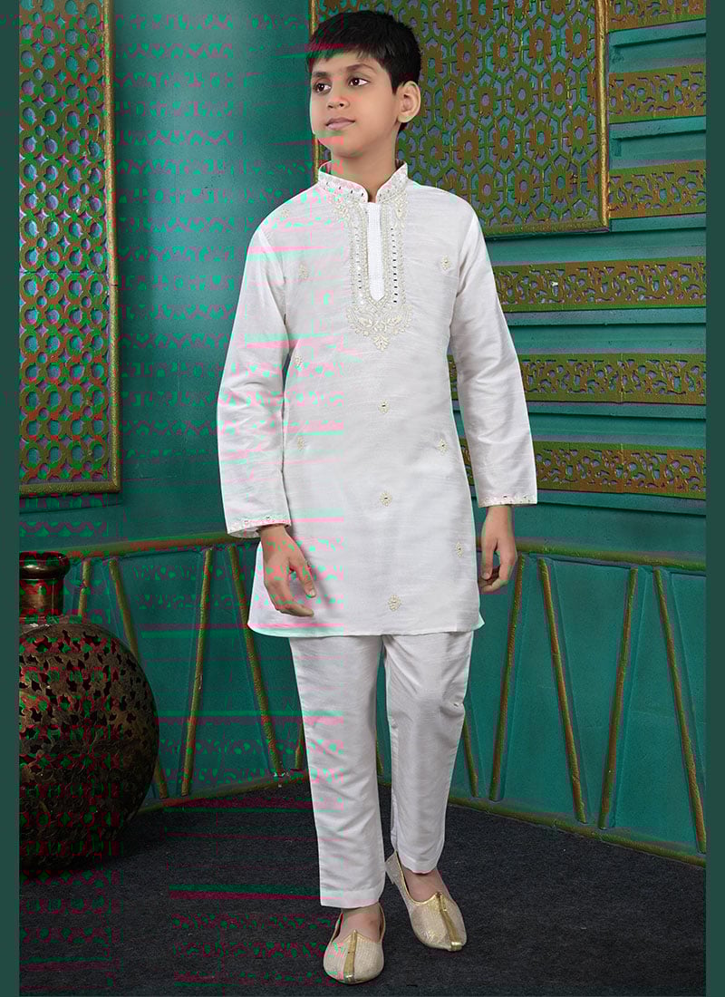 Elegant Off White Art Silk Embroidered Kids Boys Kurta Pyjama Festive Wear