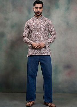 Elegant Off White Blended Cotton Printed Kurta