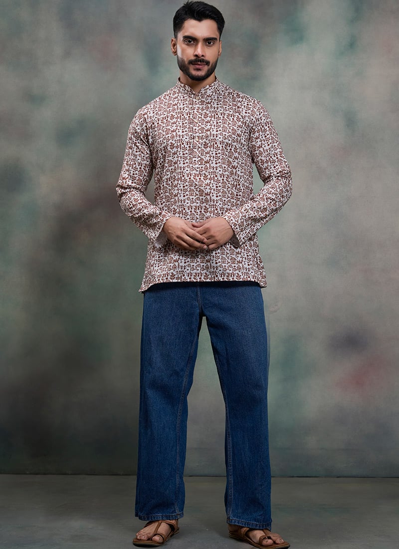 Elegant Off White Blended Cotton Printed Kurta