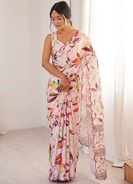 Elegant Off White Chinon Digital Floral Print Saree