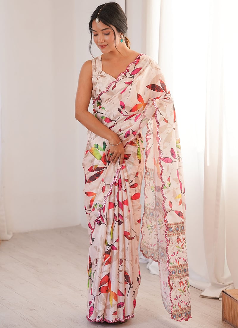 Elegant Off White Chinon Digital Floral Print Saree After Six Wear