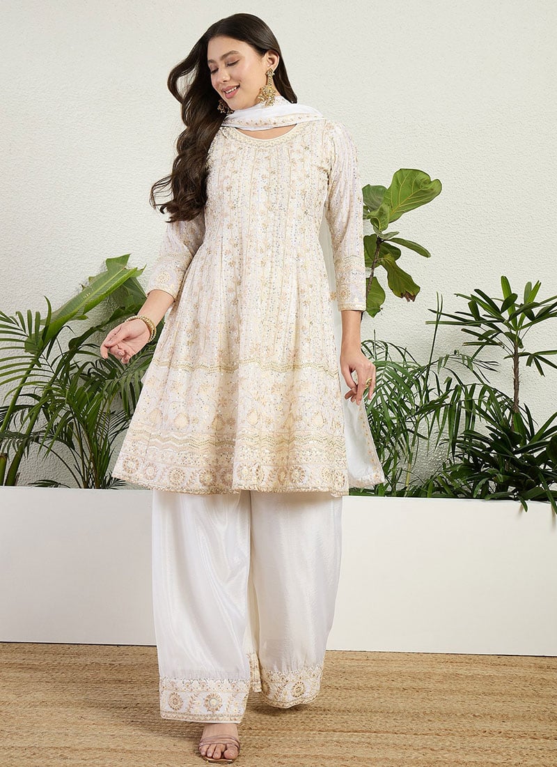 Elegant Off White Chinon Embroidered Sequins Zari Thread Palazzo Suit Festive Wear
