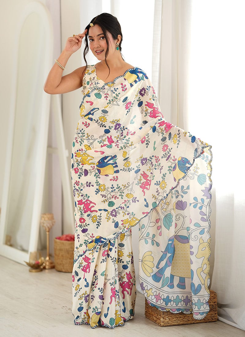 Elegant Off White Chinon Mirror Work Printed Saree After Six Wear