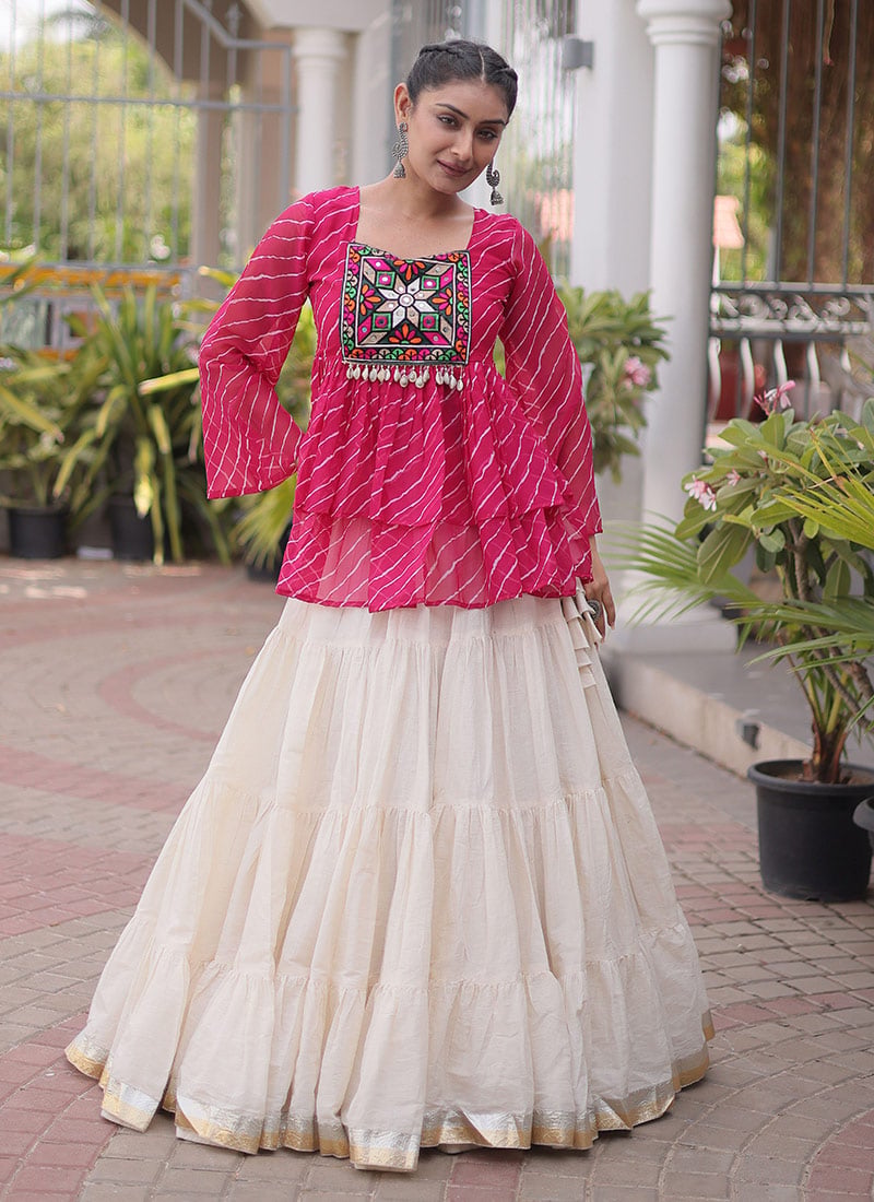 Elegant Off White Cotton Leheriya Printed Kutchi Gamthi Patch Work Indowestern Skirt Set Festive Wear