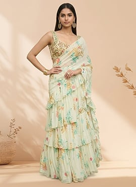 Elegant Off White Faux Georgette Hand Embroidered Stones Sequins Saree