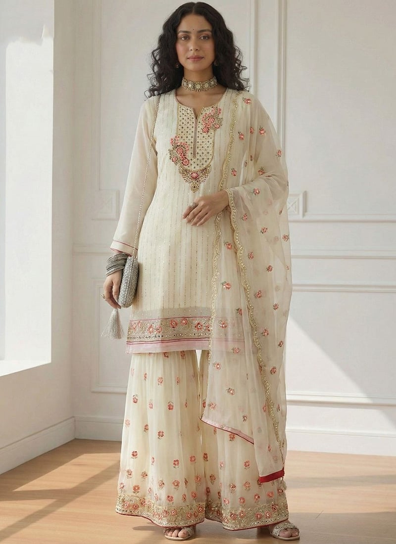 Elegant Off White Georgette Sequins Beads Mirror Khatli Thread Work Sharara Suit Festive Wear