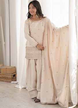 Elegant Off White Glass Roman Silk Embroidery Sequence Dori And Zari Farshi Suit