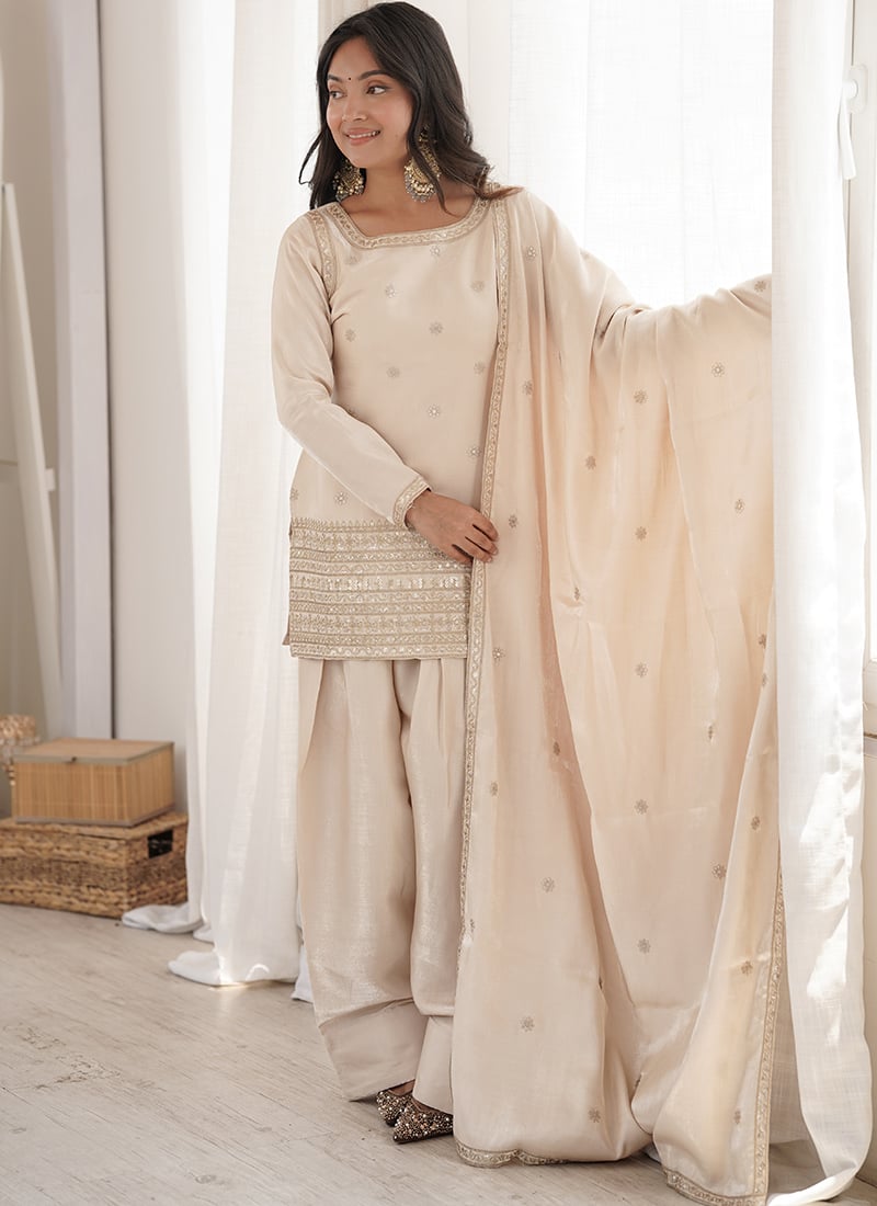 Elegant Off White Glass Roman Silk Embroidery Sequence Dori And Zari Farshi Suit After Six Wear
