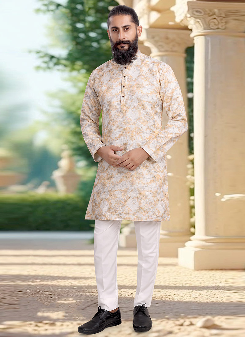 Elegant Off White Jacquard Silk Printed Kurta Pyjama Festive Wear