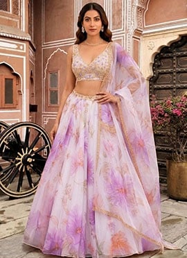 Elegant Off White Organza Beads Resham Hand Embroidered Digital Print Lehenga