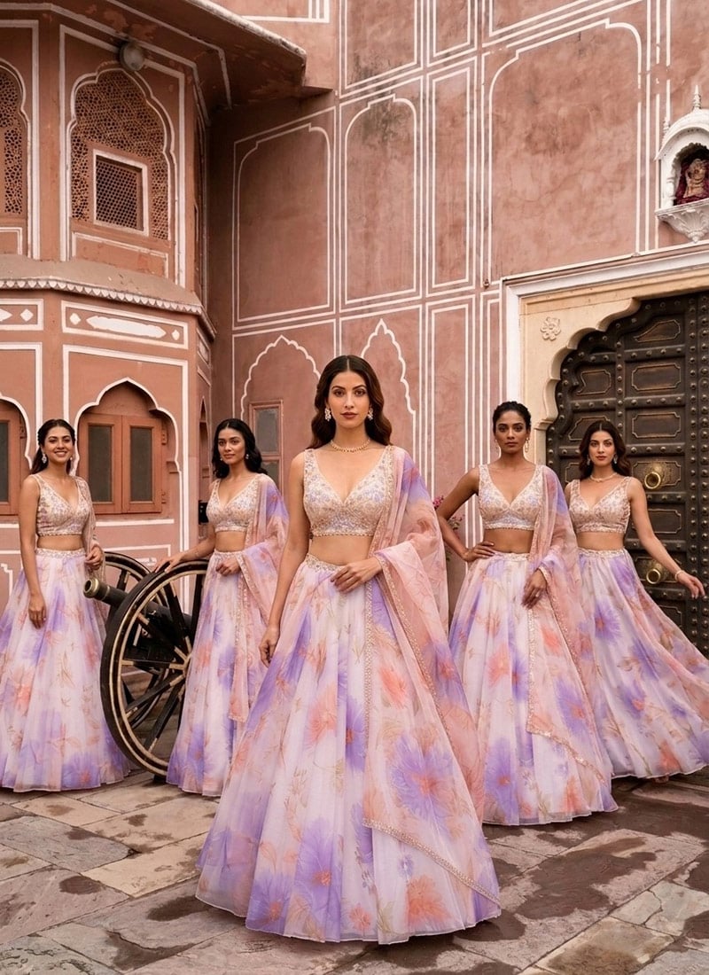 Elegant Off White Organza Beads Resham Hand Embroidered Digital Print Lehenga Wedding Wear