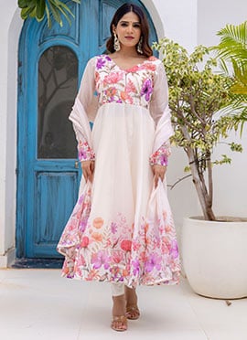 Elegant Off White Organza Hand Embroidered Cutdana Anarkali Suit