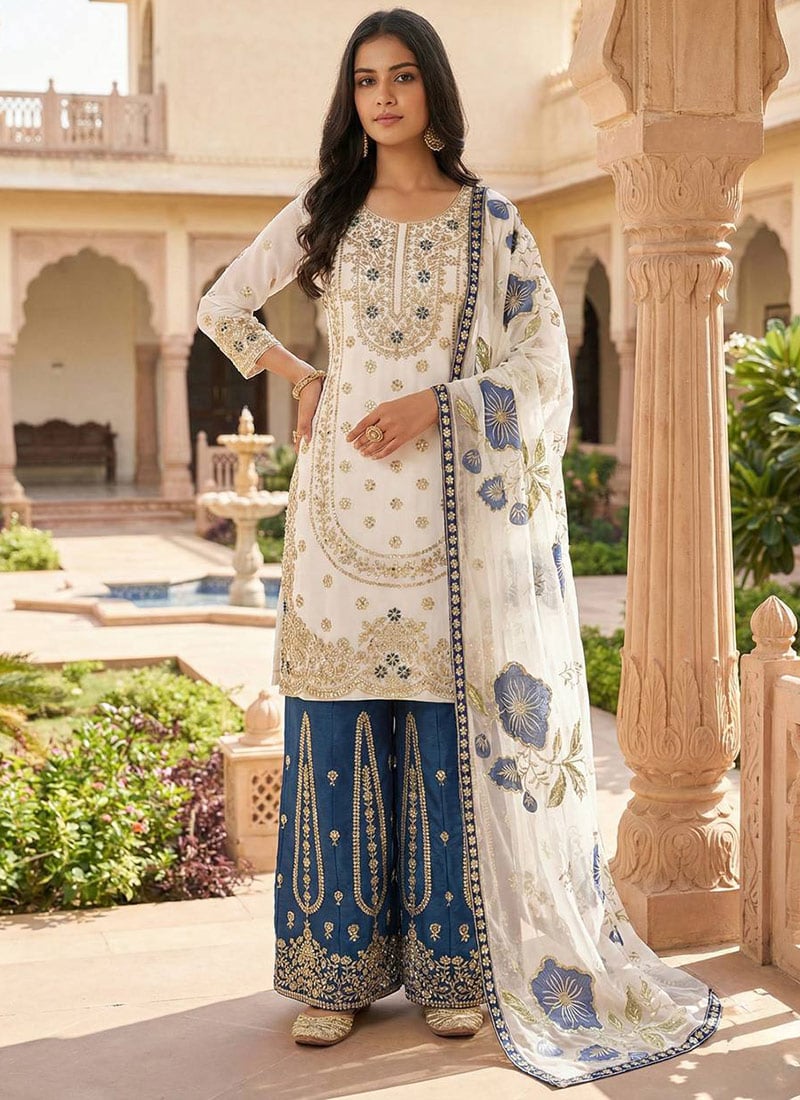 Elegant Off White Organza Silk Embroidered Sequins Digital Print Palazzo Suit Festive Wear