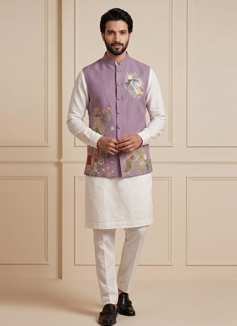 Elegant Off White Viscose With Embroidered Waist Coat Kurta Pyjama Set Festive Wear