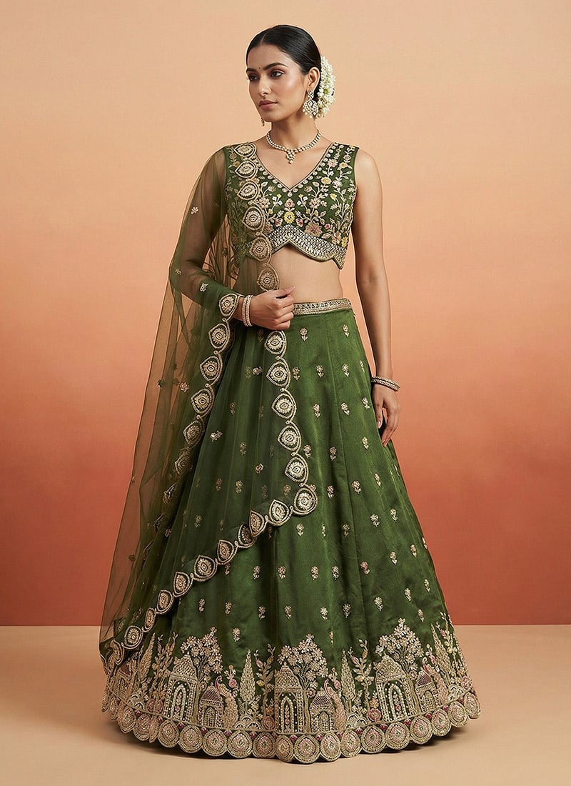 Elegant Olive Chinnon Embroidered Umbrella Lehenga Wedding Wear