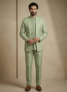 Elegant Olive Green Donear Satin Jacquard Bandhgala Suit