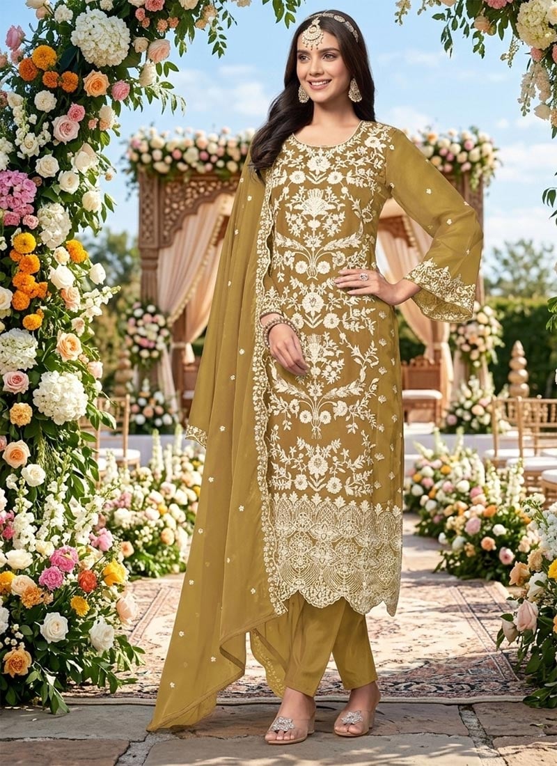 Elegant Olive Green Organza Embroidered Straight Pant Suit Festive Wear