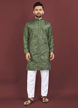 Elegant Olive Green Viscose Silk Sequins Embroidered Kurta Pyjama
