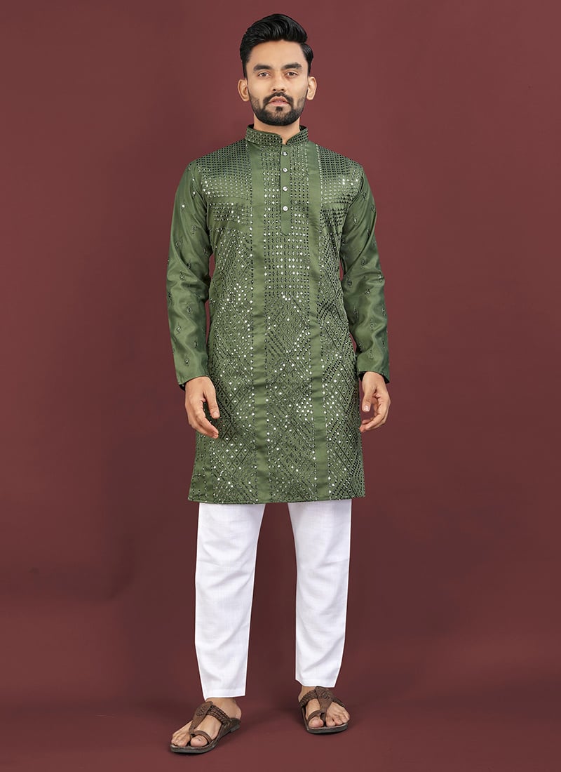 Elegant Olive Green Viscose Silk Sequins Embroidered Kurta Pyjama Festive Wear
