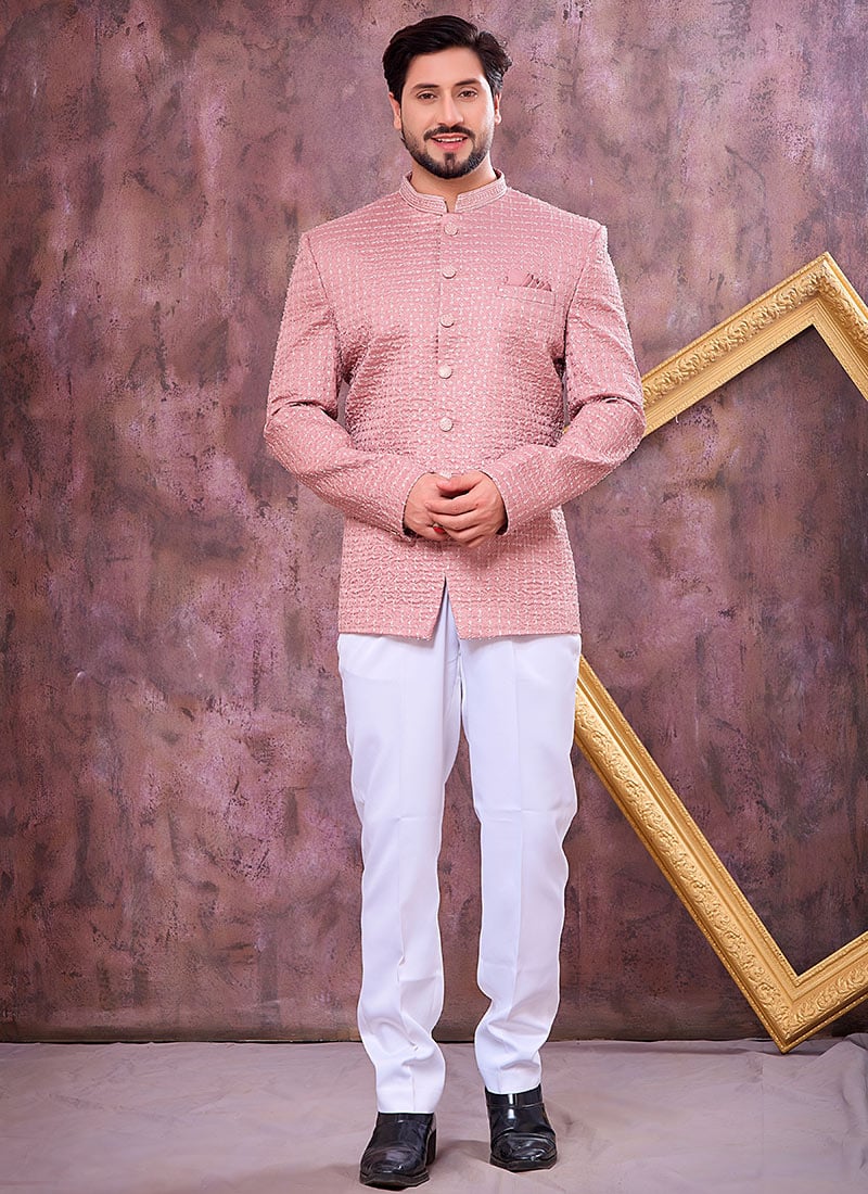 Elegant Onion Pink Art Silk Thread Embroidered Bandhgala Jacket